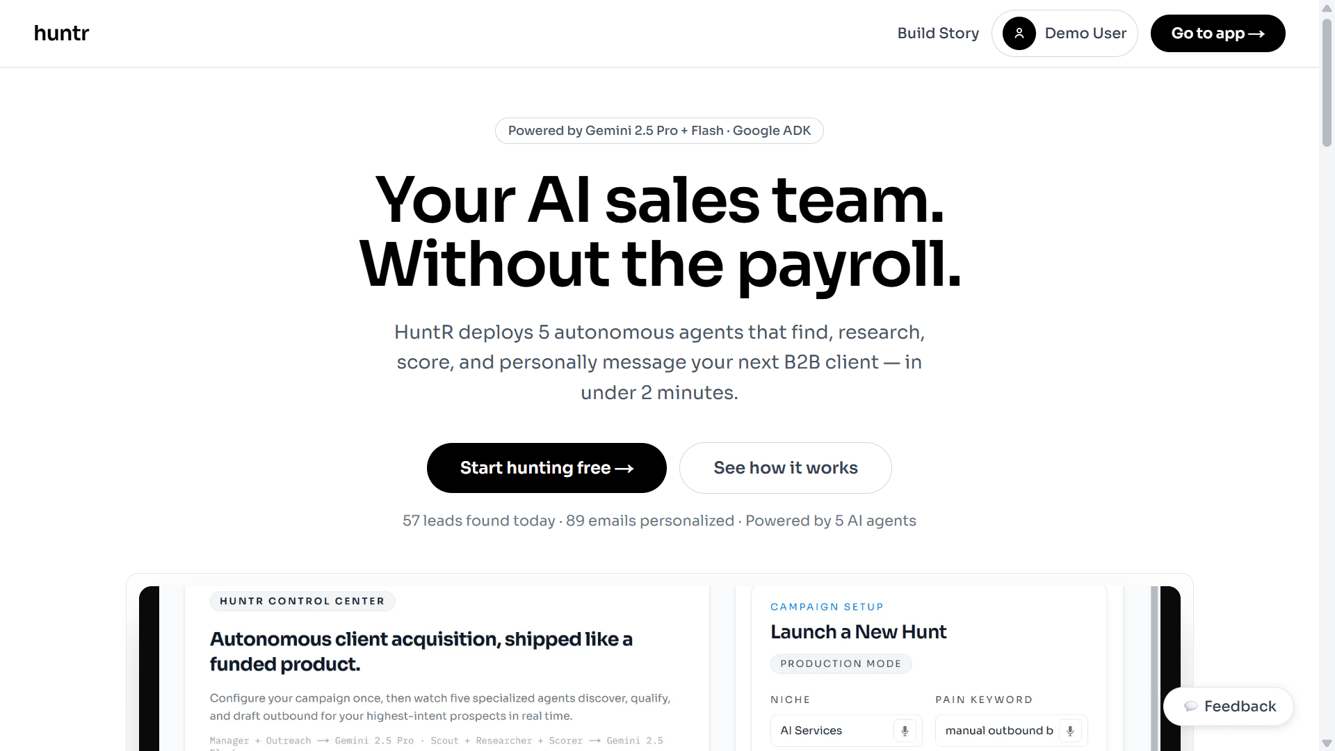 HuntR autonomous B2B outreach AI agent built by TaskDrift